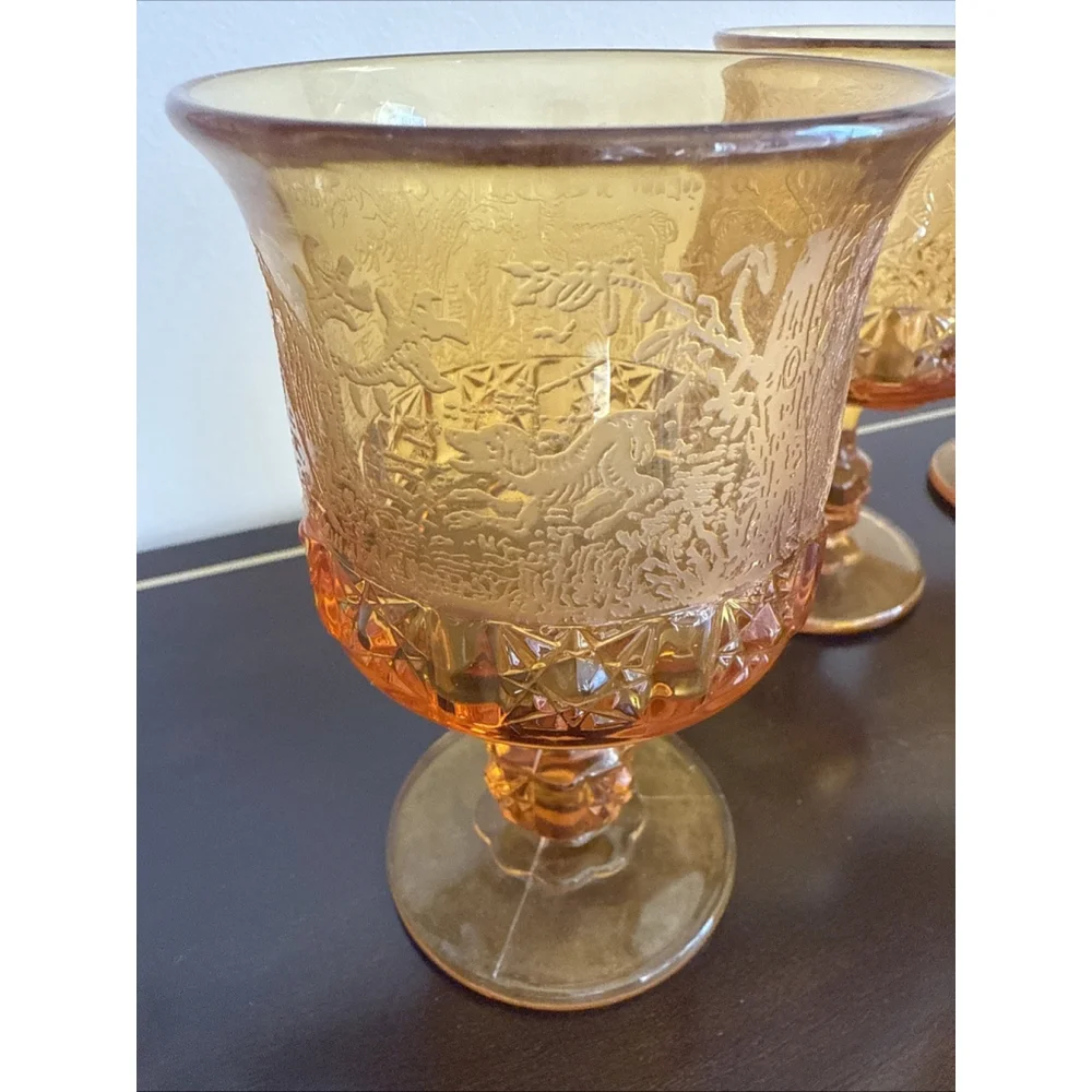 L G WRIGHT GLASS Daisy and Cube Amber Moose Deer Dog Etchings Goblet Rare 8pcs